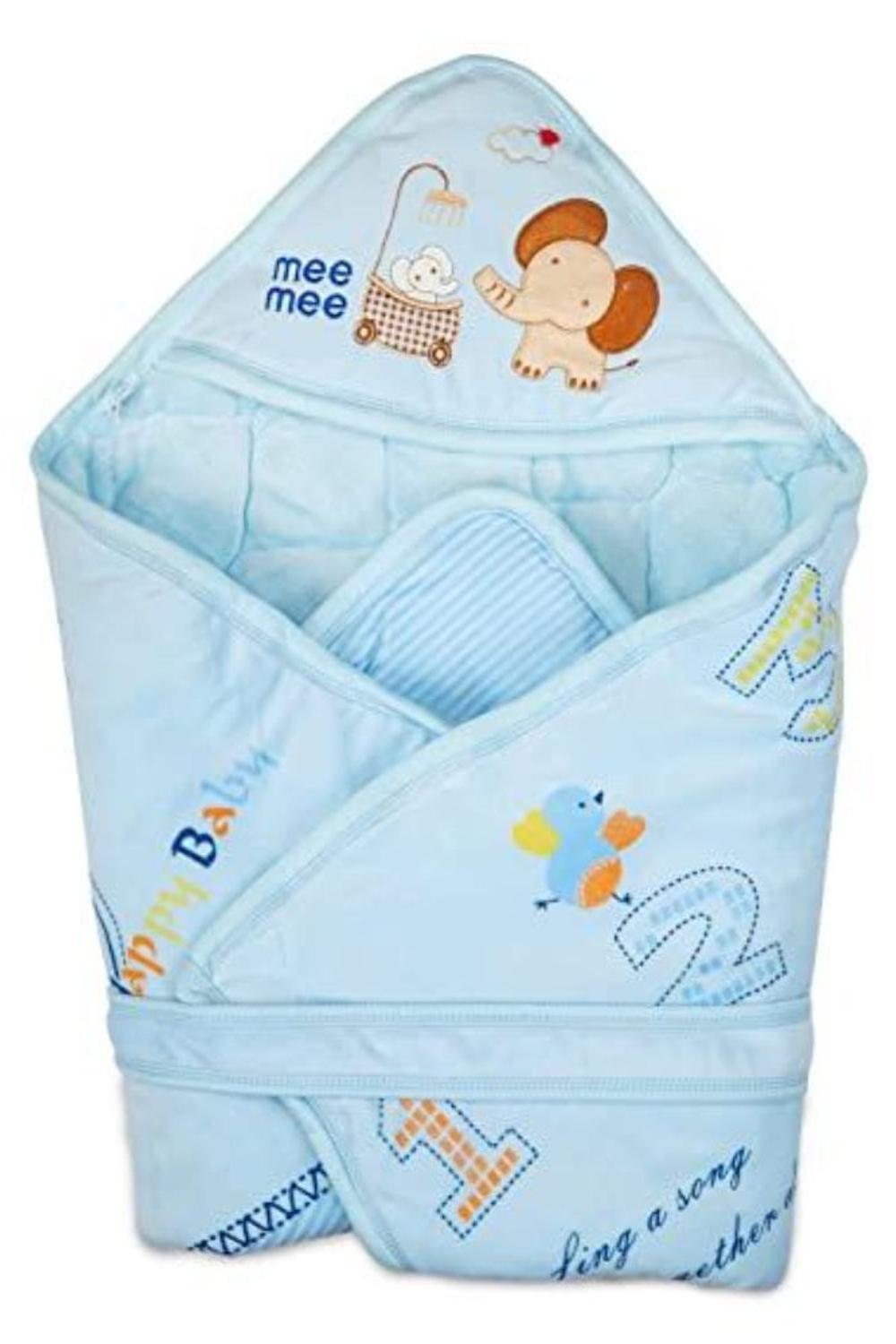 Mee Mee Baby Warm and Soft Swaddle Wrapper with Hood Blanket for Newborn Babies (Blue-Printed)